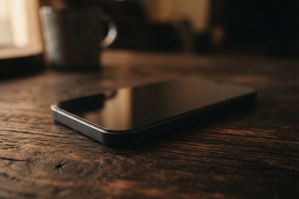A silent smartphone on a dark wooden table